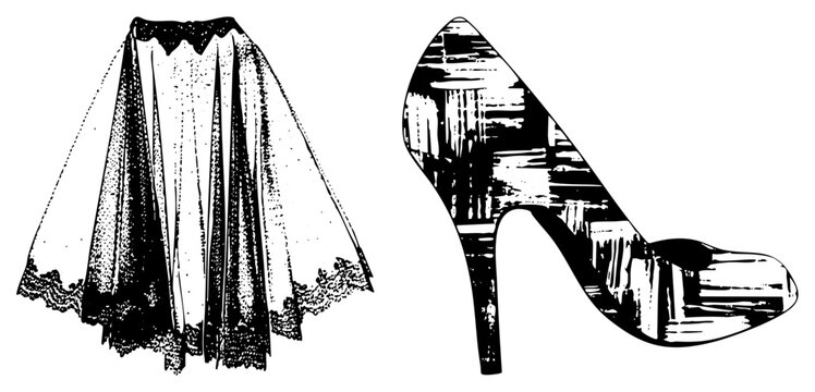 Elegant wedding veil skirt with lace trim, stiletto heel shoe with textured brushstroke, fashion accessory duo, bridal or formal wear graphic.