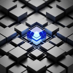 Fototapeta premium Abstract glowing blue cube on dark geometric background symmetrical