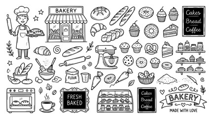 Set of Bakery doodles. hand drawn style. black and white line art drawing