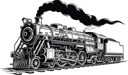 vintage, steam, locomotive, train, railway, engine, transport, classic, retro, industrial, travel, rail, machine, power, smoke, history, transportation, vector, illustration, silhouette © E-Designs