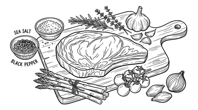 Set of Steak food restaurant doodles. hand drawn style. black and white line art drawing