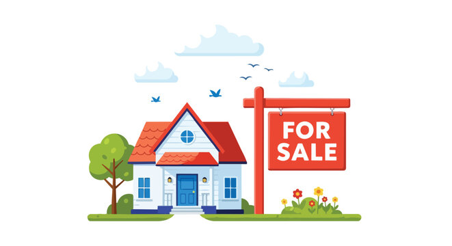 An inviting white house with a striking red roof and a prominent 'For Sale' sign, set in a sunny residential landscape awaiting new residents.