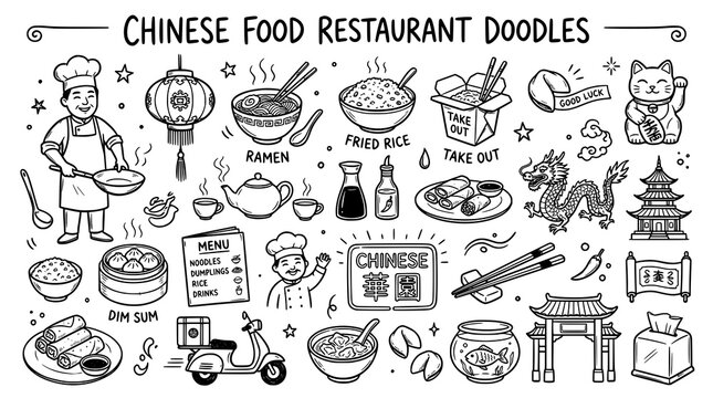 Set of Chinese food restaurant doodles. hand drawn style. black and white line art drawing