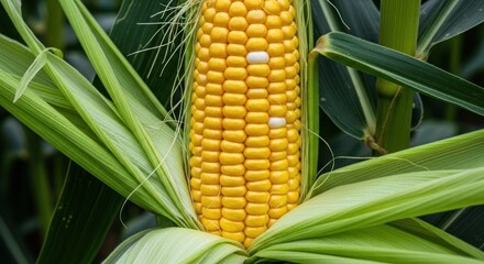 A vibrant corn field with lush green leaves and yellow ears of corn, set against a backdrop of a clear blue sky.