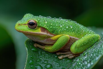 Obraz premium Frog resting on a wet leaf, macro photography look