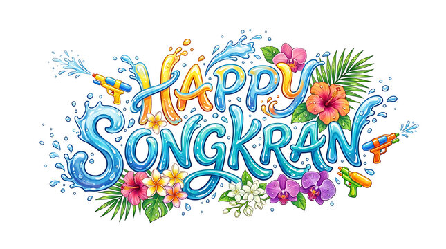 Happy Songkran Typography with Blue Water Splash Minimal Festival Design Isolated on White Background