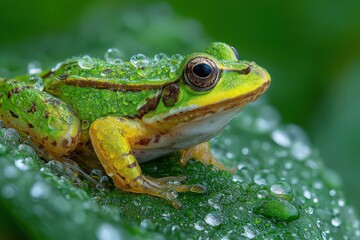 Fototapeta premium Frog resting on a wet leaf, macro photography look