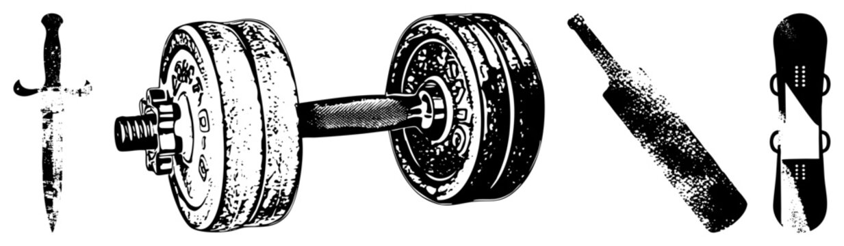 Classic dumbbell, dagger, cricket bat, snowboard vector, athletic gear, retro fitness tools, stylized sport objects.