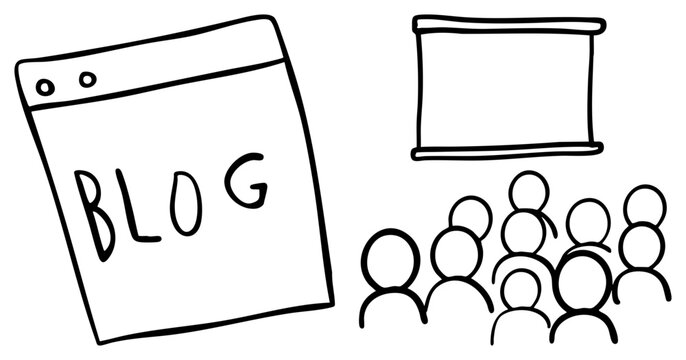 Hand drawn blog webpage attracting, presentation screen, crowd of viewers, content marketing, digital publishing,, content delivery.