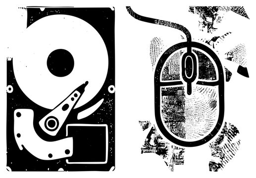 Retro tech graphic featuring open hard drive and mouse, halftone texture, digital storage and input device, computer hardware symbols, illustration.
