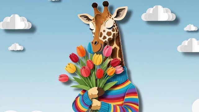 Cartoon giraffe holding colorful flowers against a blue sky background