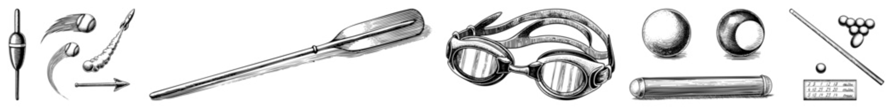 Vintage style athletic gear including rowing paddle, swim goggles, billiard balls, and cue stick, rendered in vector illustration.