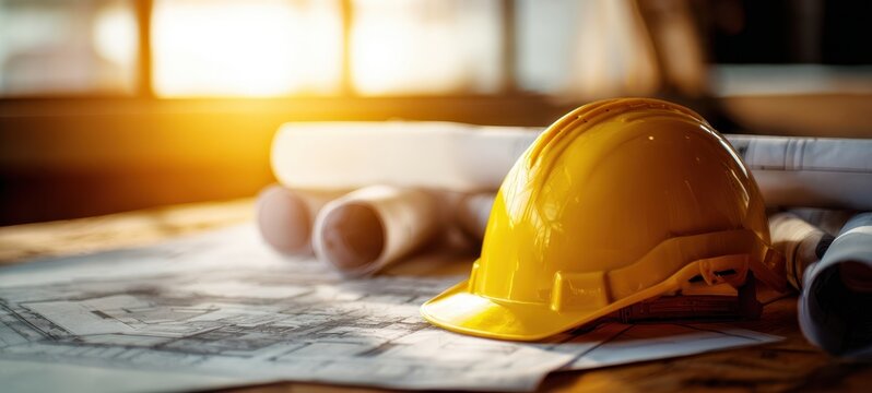 The hard hat resting on architectural blueprints with rolled plans and sunlight