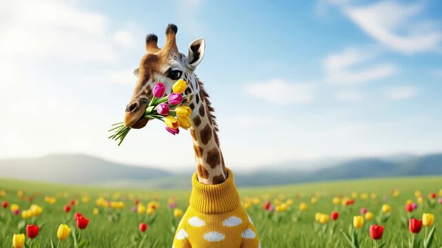 Cartoon giraffe in sweater holds flowers outdoors on sunny day