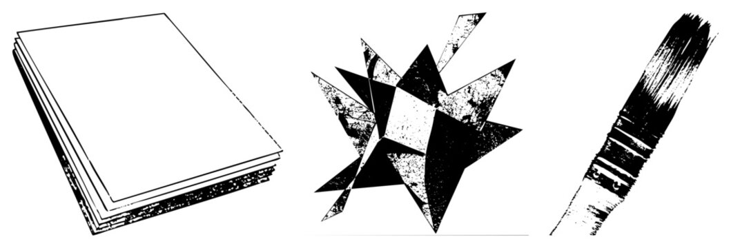 Vector illustration featuring paper stack, starburst, and paintbrush with halftone texture. Art supplies, creative tools, graphic design elements.