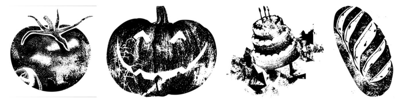 Halftone graphic of festive pumpkin, fresh tomato, layered cake, and artisan bread, stylized with grainy texture, isolated vector elements for design use.