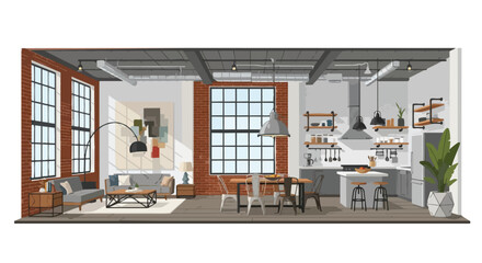 Stylish open-plan loft interior with exposed brickwork and large windows seamlessly integrating living dining kitchen areas reflecting a modern © Rizky