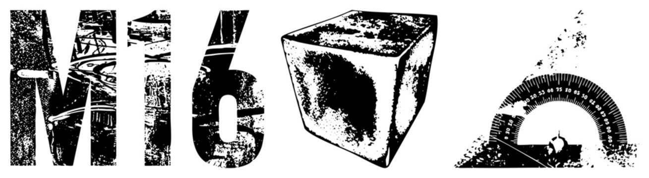 Bold M16 typography with distressed texture, 3D cube with grainy surface, protractor with scale and dust particles, vector.