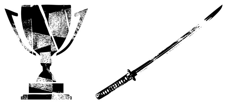 Shattered award cup and katana sword, graphic symbols of defeat and martial prowess, stylized black and white vector art with grainy texture.