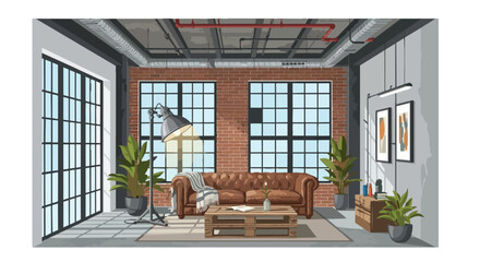 A stylish contemporary industrial loft living space showcasing a rich brown tufted sofa exposed brick walls expansive grid windows and various © Rizky