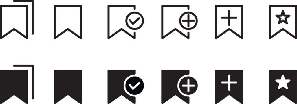 Bookmark and Favorite Icon Set &ndash; Save, Add, Check and Star Line and Solid Vector Icons