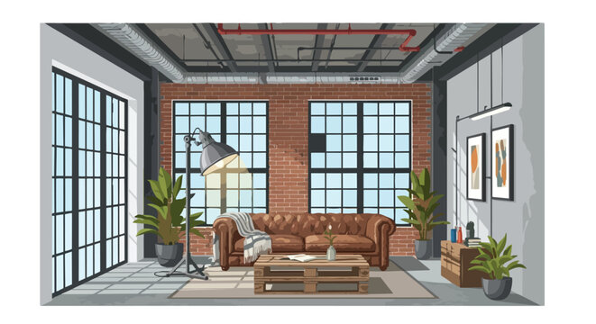 A stylish contemporary industrial loft living space showcasing a rich brown tufted sofa exposed brick walls expansive grid windows and various