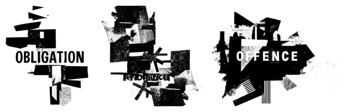 Bold text words Obligation, Ignorance, Offence embedded in shattered geometric shapes, halftone textures, stark black and white, conceptual art, protest design, graphic manifesto.