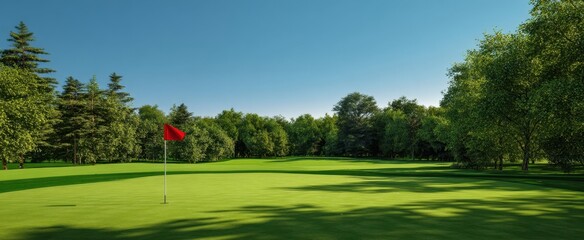 Naklejka premium The golf green with red flag on a sunny tree lined championship course