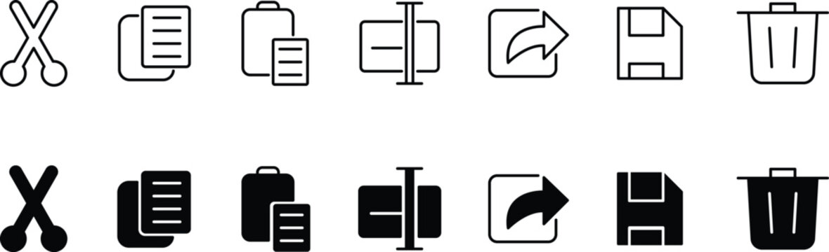 Office Edit Tools Icon Set &ndash; Cut, Copy, Paste, Share, Save and Delete Line and Solid Vector Icons