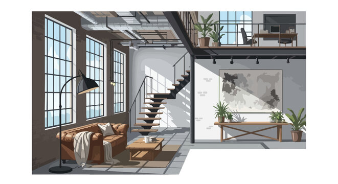 Bright modern industrial loft interior with living space and mezzanine office