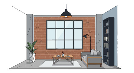 Modern industrial loft interior sketch showcasing a brick wall, large window, sofa, coffee table, plant, and bookshelf, creating a stylish urban © Rizky