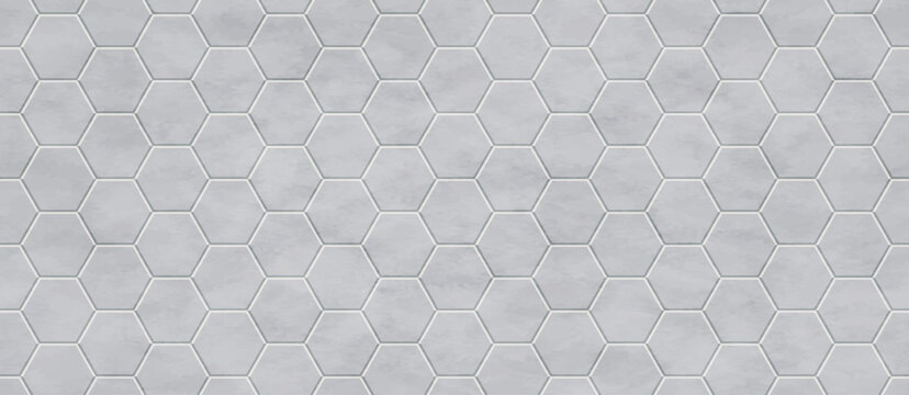 Marble hexagon tile floor pattern. Background of sidewalk, bathroom wall or kitchen backsplash with mosaic with old stone or ceramic texture. Gray hex tile seamless pattern, vector illustration