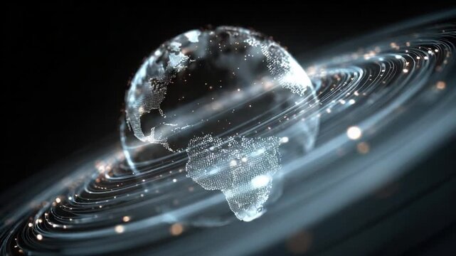 Digital Earth: An artistic representation of our planet, showcasing the interconnectedness of global networks and data streams, against a backdrop of the universe.