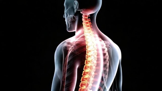 Backbone Anatomy: A medical illustration highlights the human spine, revealing the intricate details of the vertebral column and its surrounding skeletal structure.