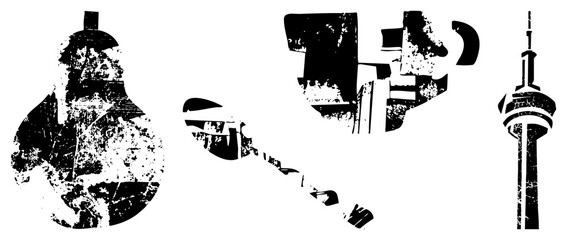 Fototapeta premium Distressed black vector silhouettes of Canadian cultural symbols lightbulb, hockey stick, CN Tower, urban grit, retro texture, graphic design elements.