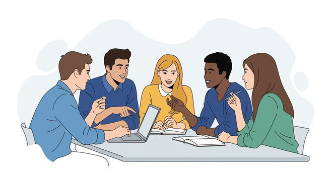 Diverse group of students collaborating around a table with laptop and notebooks, engaged in active learning and discussion.