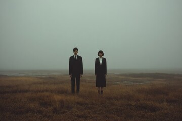 Naklejka premium Mysterious figures in foggy landscape.