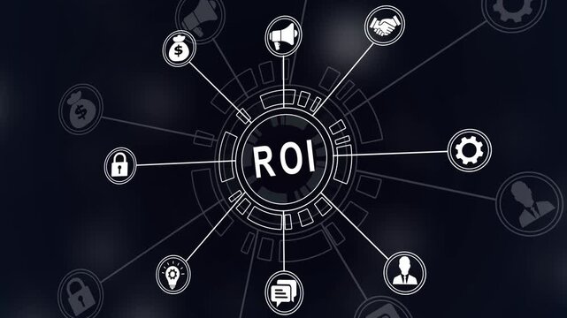 ROI Return on investment financial growth concept.Financial 4k icons on a virtual screen.