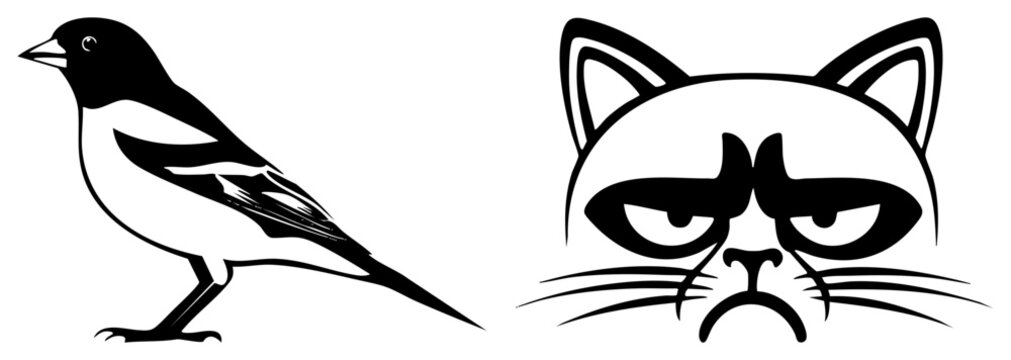 Bird silhouette with bold, grumpy cat face with exaggerated frown, vector art, minimalist design, graphic set, flat style, isolated elements.