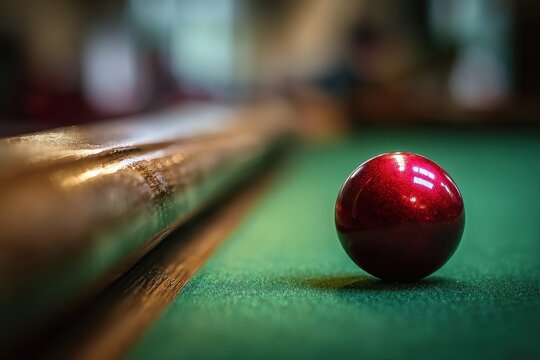 Close-up photograph of a red snooker ball resting on a green baize snooker table with warm lighting