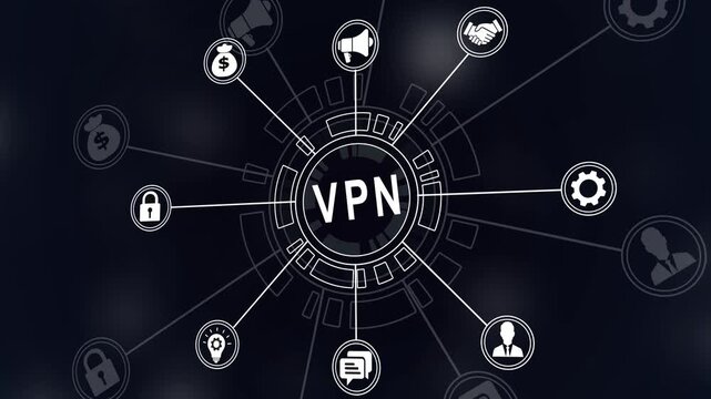 VPN Virtual private network concept. Encrypted connection for anonymous internet user.Financial 4k icons on a virtual screen.