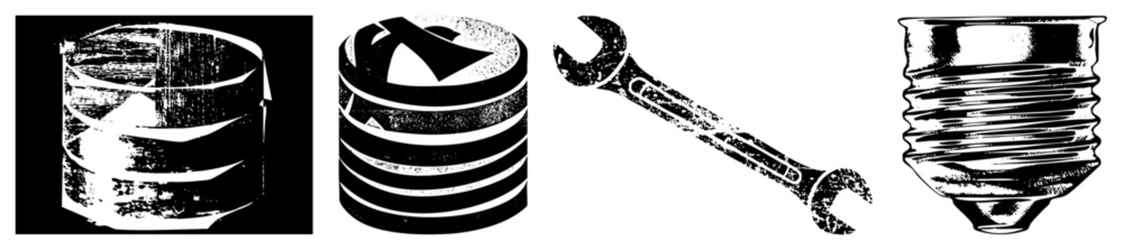 Tech database, wrench, bulb. Vector with halftone. Digital tools, system maintenance, hardware.