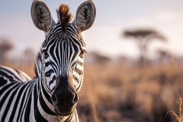 Naklejka premium Close-up portrait of a curious zebra facing the camera in a wildlife reserve