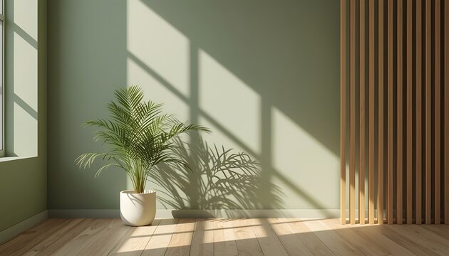 Potted palm tree in a minimalist room with green walls and wooden floor