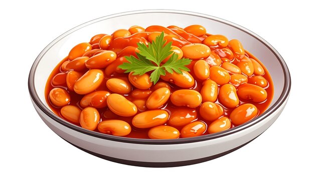 A bowl contains baked beans submerged in red sauce, topped with fresh green parsley on a white background