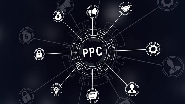 Pay per click PPC concept.Advertising in Search Engine Platforms. Digital Marketing Strategies and Financial 4k icons on a virtual screen.