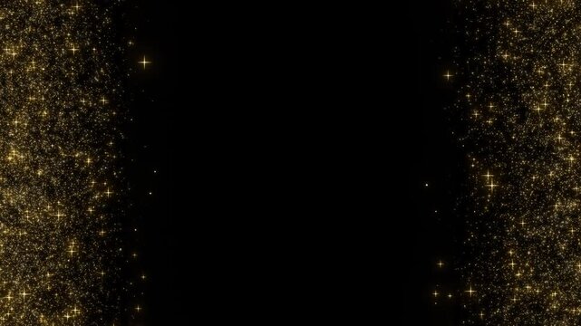 Golden Stars Falling Loop with Center Copy Space. Slow blinking luxury glitter dust on black background in 4K. Elegant glowing framing for promo videos. Horizontal 16:9