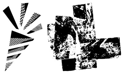 Obraz premium Stylized vector shapes with halftone textures, graphic design elements, abstract art, printmaking motifs, modern composition.