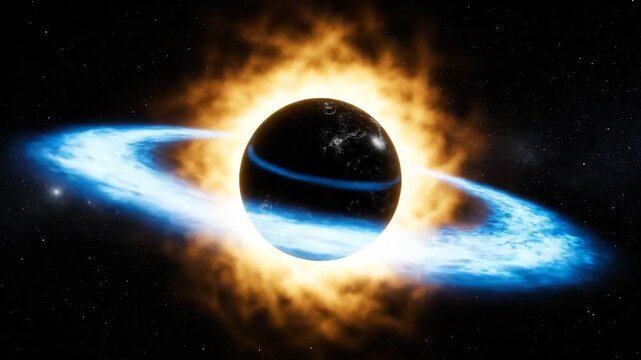 Dramatic total solar eclipse with planet and corona in deep space background.
