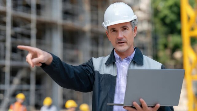 Construction Manager Directing Project: A focused construction manager, clad in a hard hat and safety vest, consults a laptop while gesturing towards the building site.